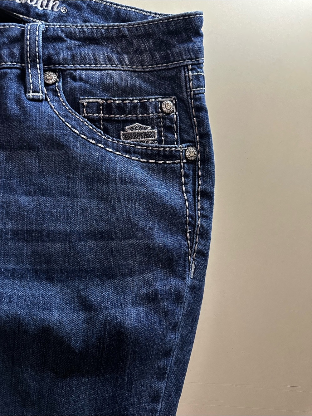 Harley-Davidson Blue Denim Wide Leg Jeans with Embroidered Wing. Very sexy! - Picture 5 of 9